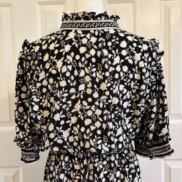 Max Studio Black/White Floral Print Ruffled Collar Tiered Maxi Dress Size 1X - Picture 9 of 12